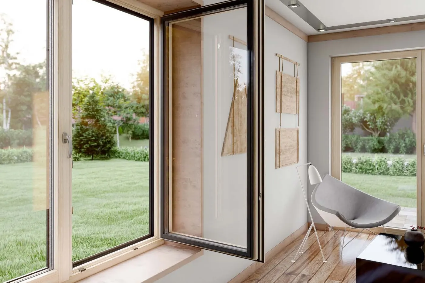 Wohnraum mit geöffnetem Holz-Aluminium-Fenster, Blick auf eine Rasenfläche