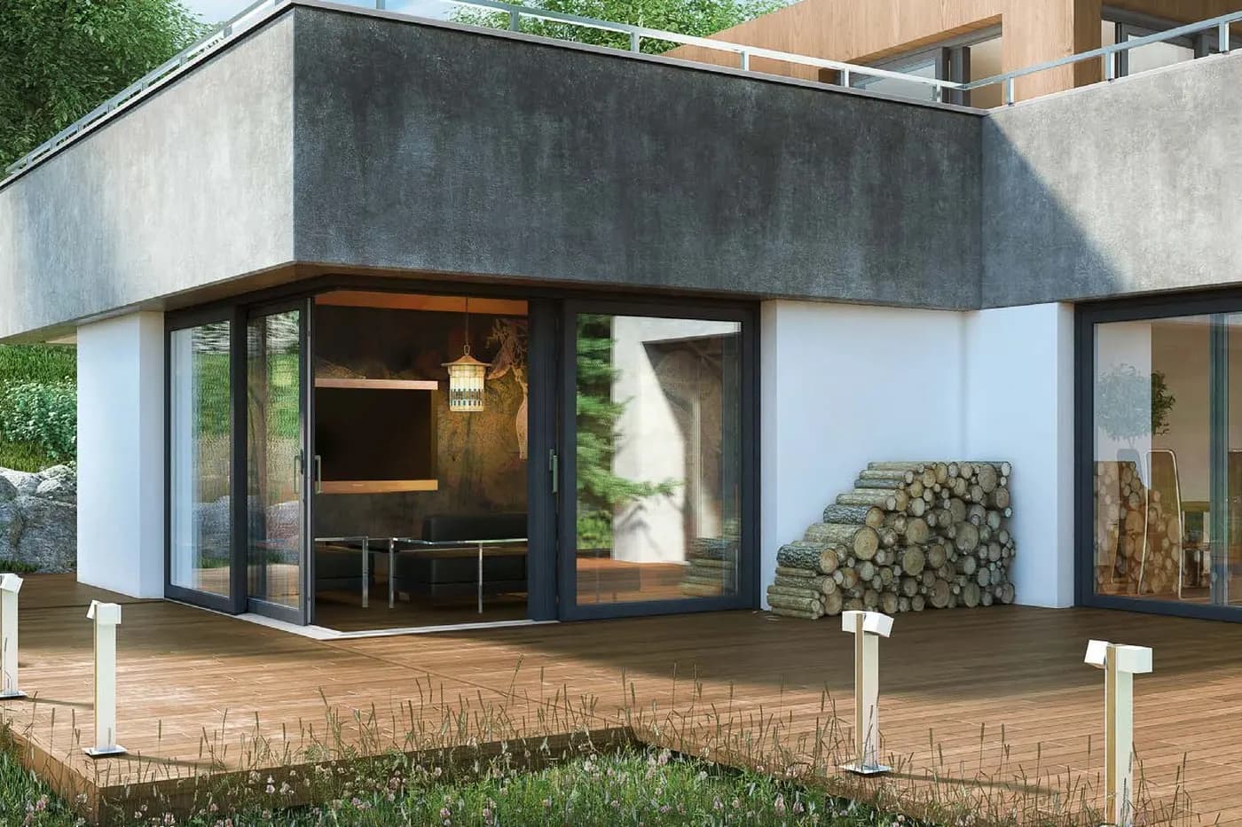 Flachdachhaus mit übereck verglaster Terrassenfront und gestapeltem Brennholz an der Wand